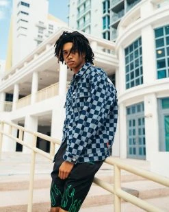 SPRAYGROUND® MONEY BEAR CHECK DENIM JACKET (NAVY)