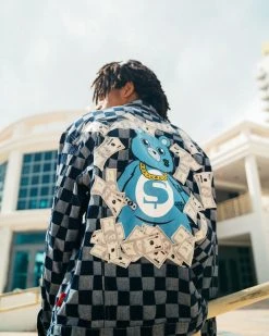 SPRAYGROUND® MONEY BEAR CHECK DENIM JACKET (NAVY)