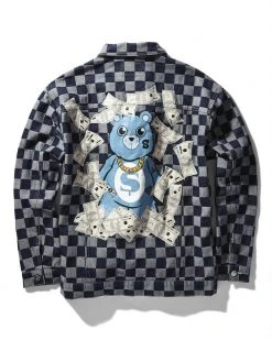 SPRAYGROUND® MONEY BEAR CHECK DENIM JACKET (NAVY)