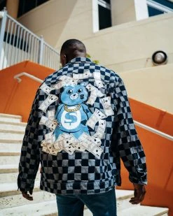 SPRAYGROUND® MONEY BEAR CHECK DENIM JACKET (NAVY)