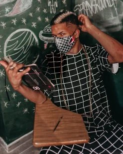 SPRAYGROUND® SHARKS IN PARIS (GRAY) VEGAN LEATHER FACE MASK FACE MASKS